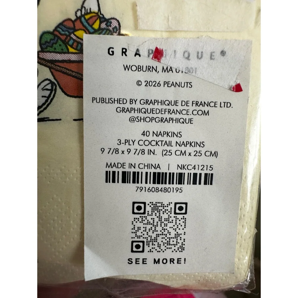 Graphique Peanuts Snoopy Easter Cocktail Napkins 40ct 3-Ply Scalloped Edge Cream